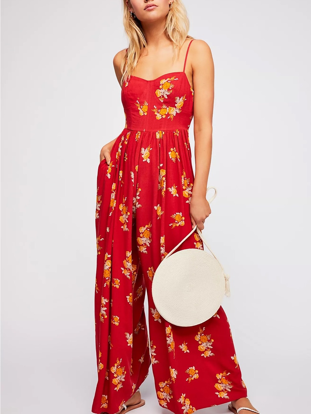 Free People Red Floral Wide Leg Jumpsuit Size 0